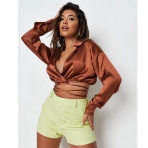 Misguided Chocolate Wrap Around Satin Shirt Size 6